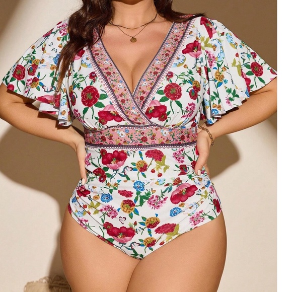 Boho Floral Print V neck Ruffle Sleeve One Piece Swimsuit Monokini - Picture 3 of 5